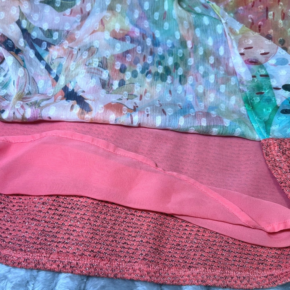 CJ Banks Womens Size 1X Floral Top Mixed Media Rhinestone Coral Knit Back Breezy - Picture 8 of 11